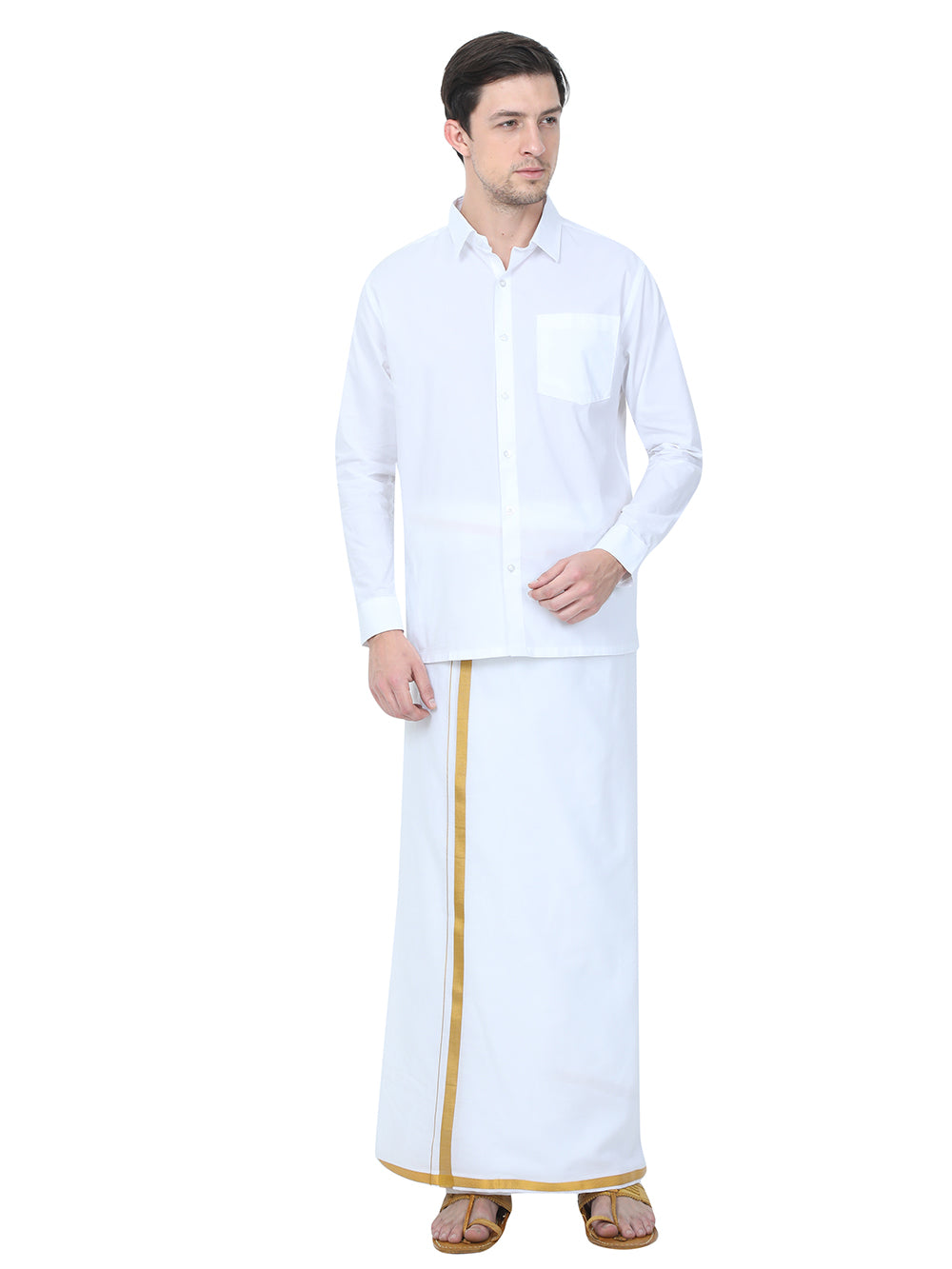 TEXAS WHITE SHIRT & GOLD DHOTI COMBO SET- FULL Sleeve (SHIRT & DHOTI)