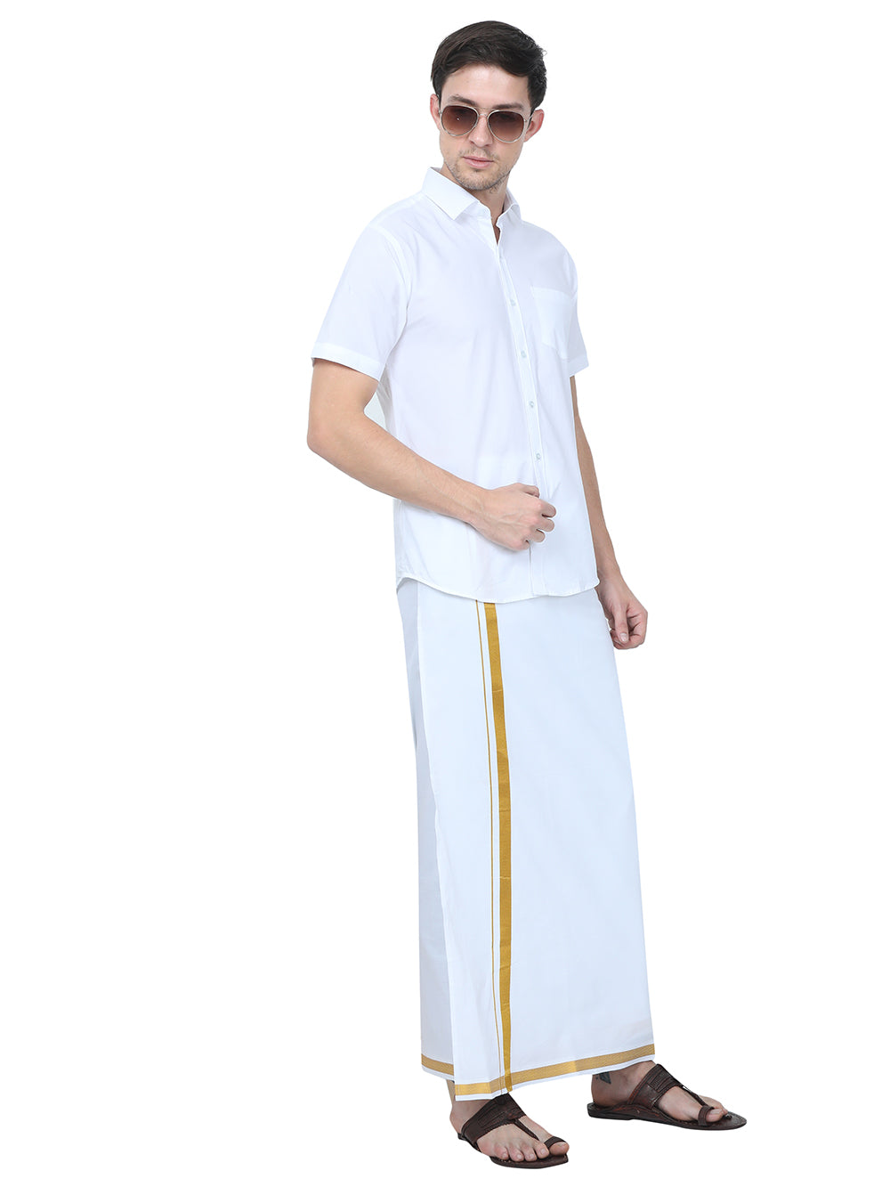 Classic White Velcro Dhoti With Gold Jari & Zip Pocket