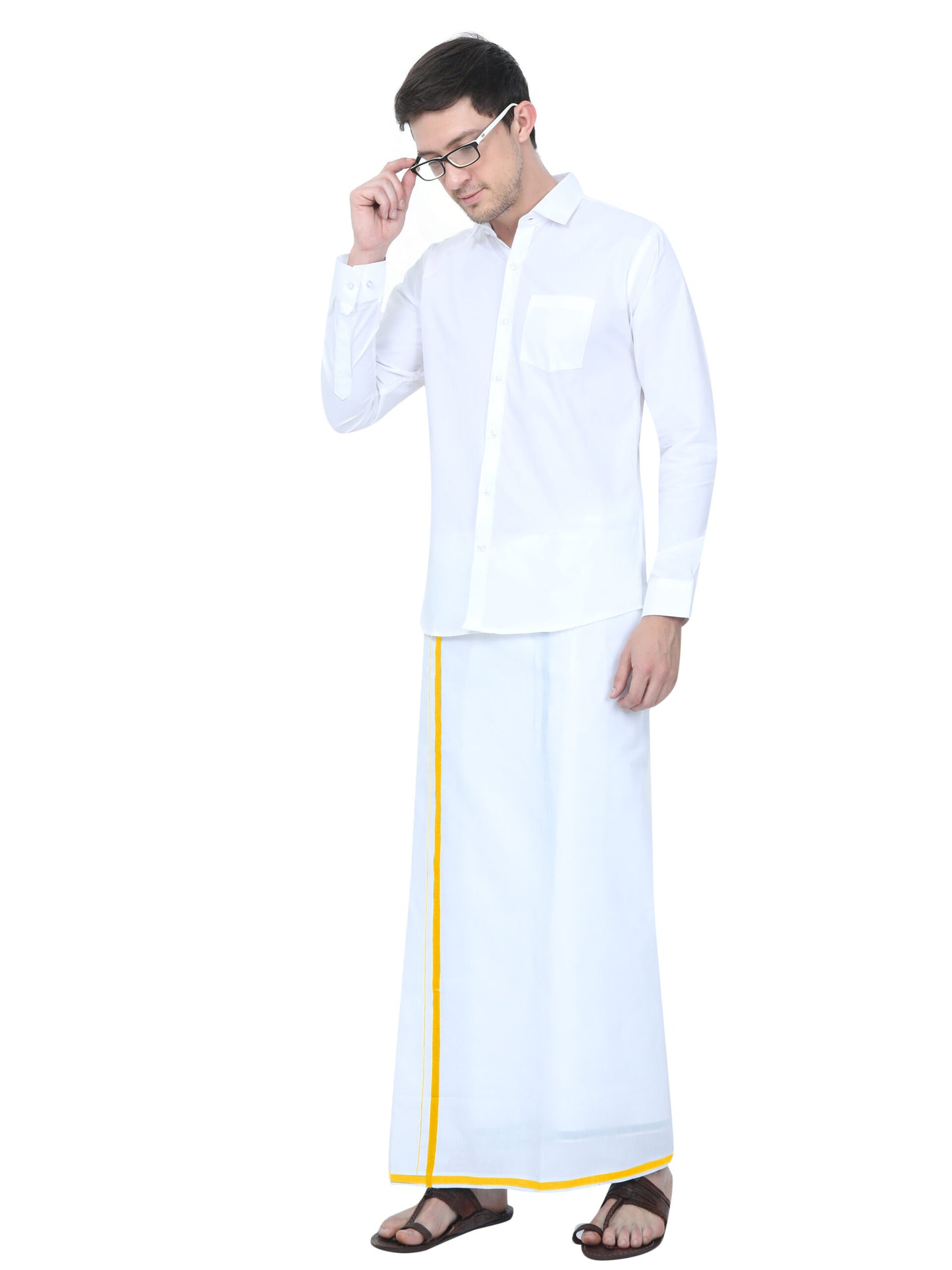 TEXAS WHITE SHIRT & BIG BORDER DHOTI COMBO SET- Full Sleeve (SHIRT & DHOTI)